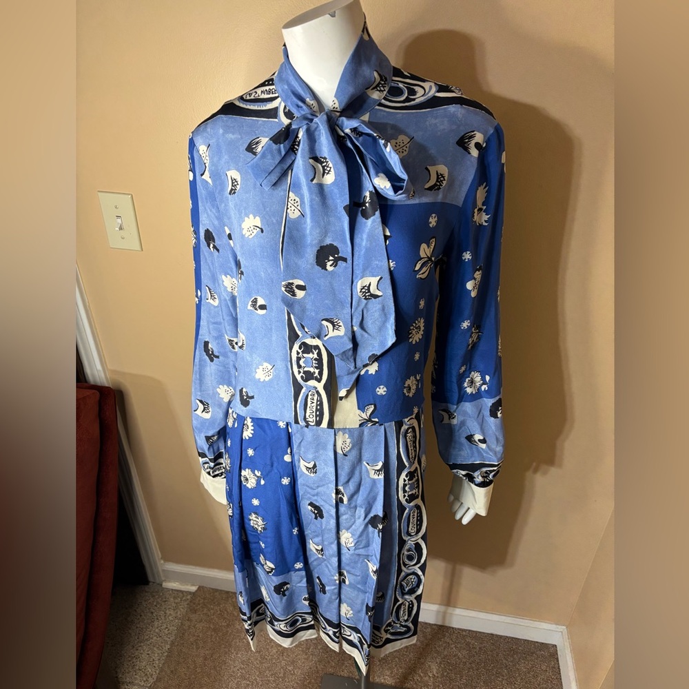 MaxMara Blue and White Patterned Long Sleeve Dress